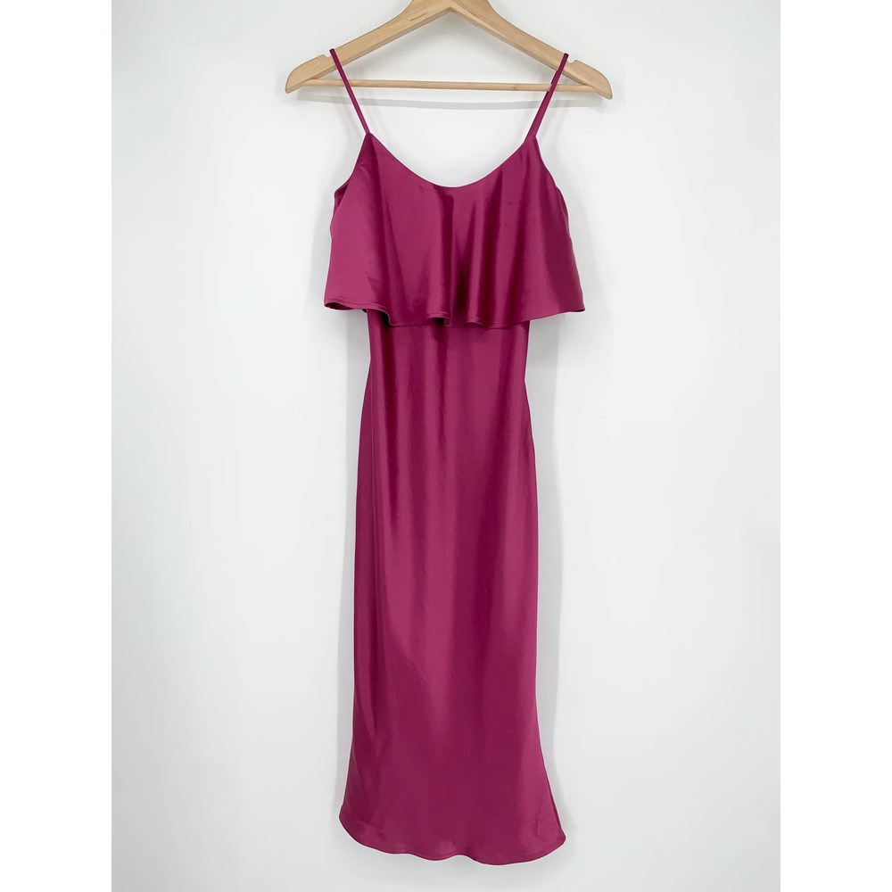NWT Nadine Merabi Alice Midi Dress in Berry Ruffle Overlay Satin Slip Dress Pink - Picture 3 of 10